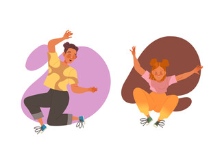 Happy Man and Woman Character Jumping with Joy Feeling Excitement Vector Set