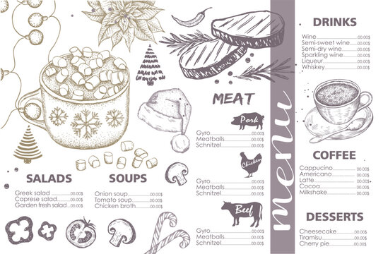 Christmas menu. Design template. Vector hand drawn illustration.	
