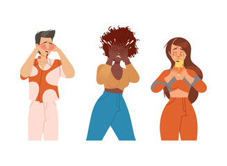 Man and Woman Character Crying, Weeping and Sobbing from Sorrow and Grief Feeling Sad and Upset Vector Set