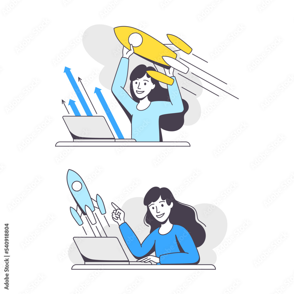 Aufkleber business project with woman character with laptop and rocket working with startup outline vector set