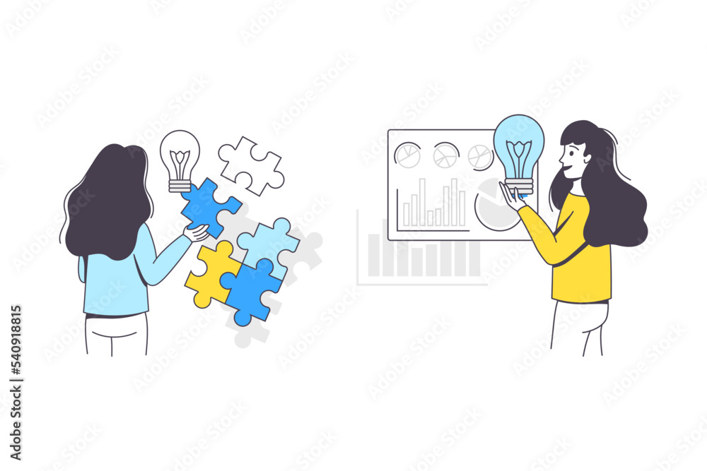 Poster business project with woman character with jigsaw puzzle and lightbulb working with startup outline 