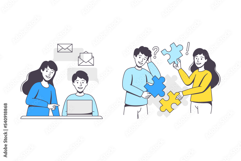 Poster business project with man and woman character with laptop and jigsaw puzzle working with startup out