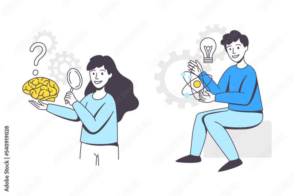 Poster business project with man and woman character with brain and lightbulb working with startup outline 