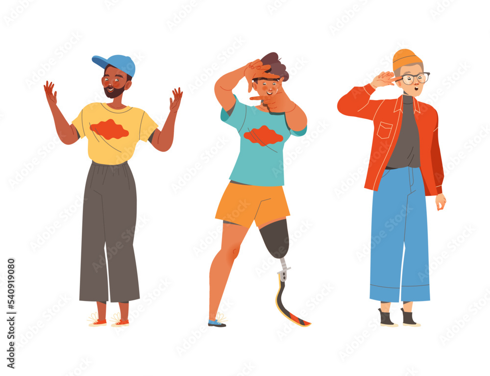 Poster man character showing hand gesture expressing emotion with body language vector set