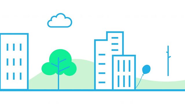 Motion graphic animation video of downtown city skyscrapers illustration. 2d flat design style.