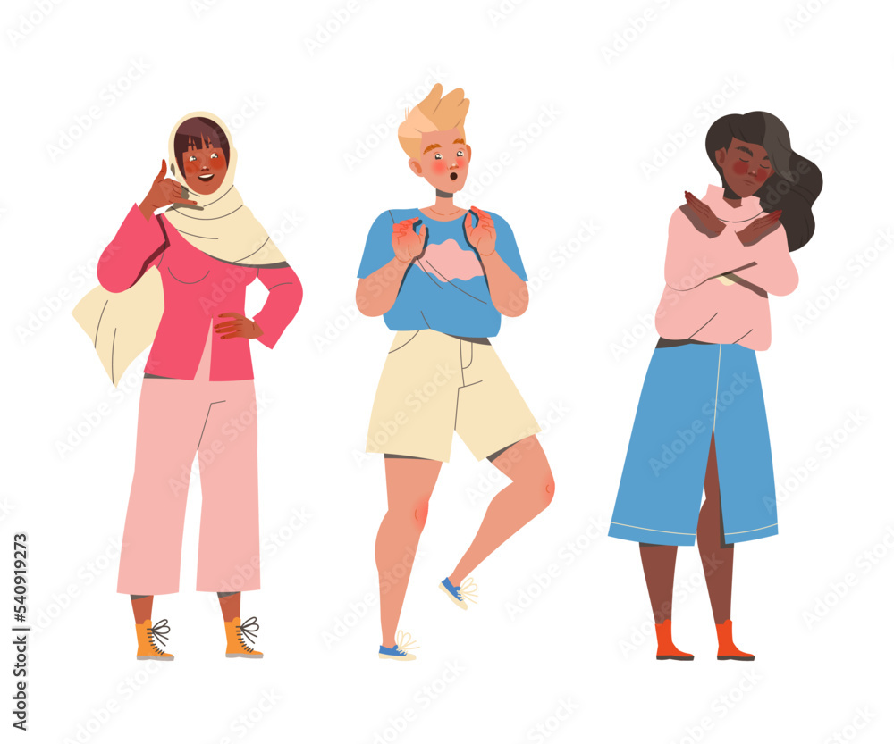 Poster man and woman character showing hand gesture expressing emotion with body language vector set