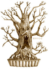 Bonsai dryad or monster tree with vase, grass, branches and stems. Hand drawn ink pen illustration. Engraving style.