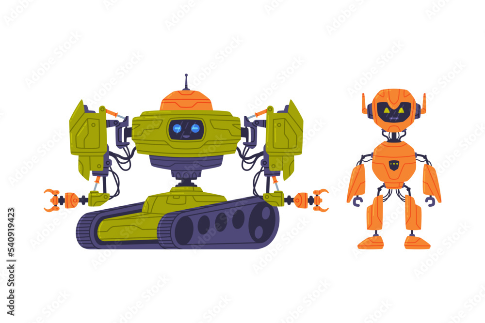 Aufkleber metal robot machine with limbs for labor automation vector set