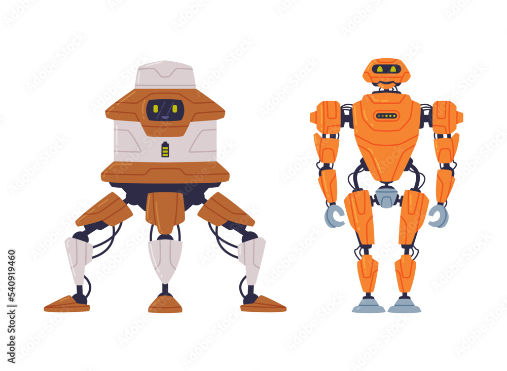 Poster metal robot machine with limbs for labor automation vector set