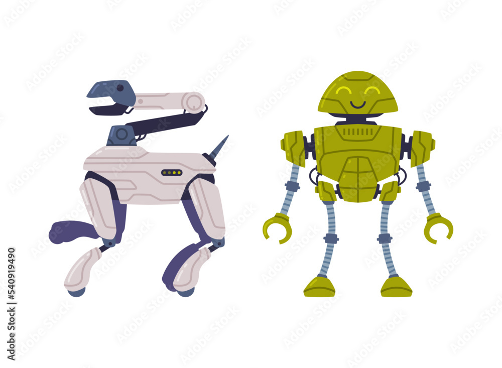 Poster metal robot machine with limbs for labor automation vector set