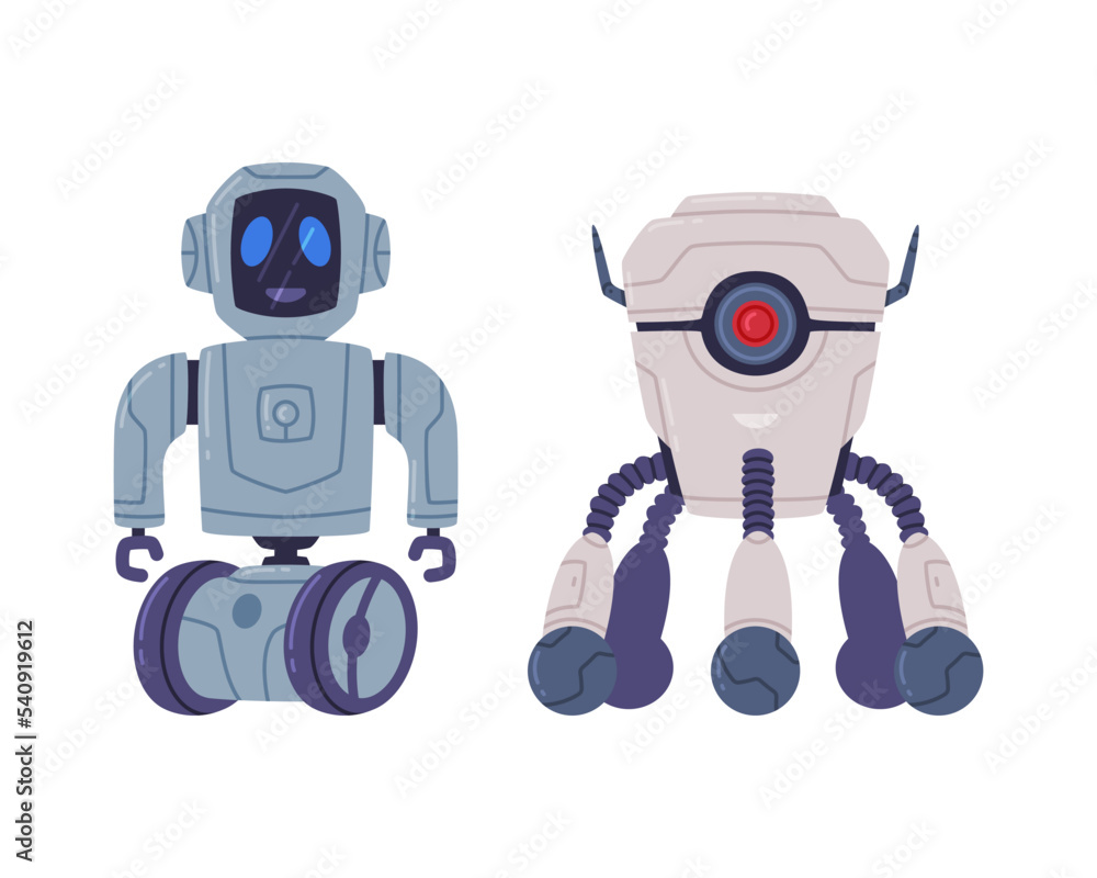 Poster metal robot machine with limbs for labor automation vector set
