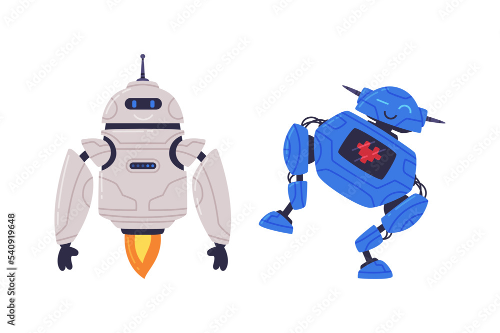Poster metal robot machine with limbs for labor automation vector set