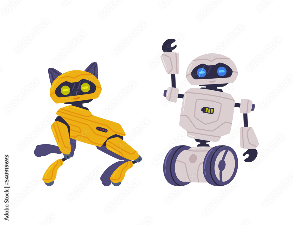 Poster metal robot machine with limbs for labor automation vector set