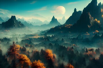 A foggy, mysterious, fantasy landscape with mountains and forests. 
