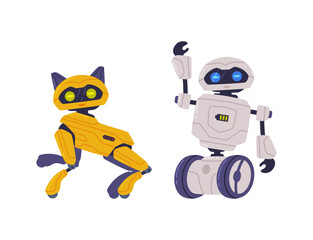 Metal Robot Machine with Limbs for Labor Automation Vector Set