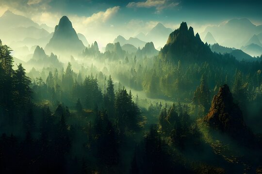 A foggy, mysterious, fantasy landscape with mountains and forests. 