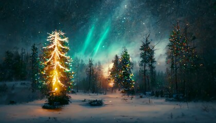 Christmas tree decoration in winter forest with northern lights. 3d Illustration of Christmas on Blurred bokeh background