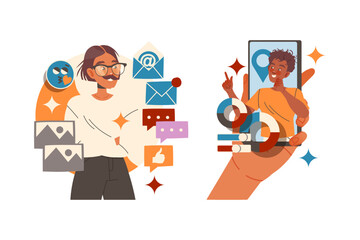 Smiling Man Character Working with Information with Mail Letters and Smartphone Setting Vector Set