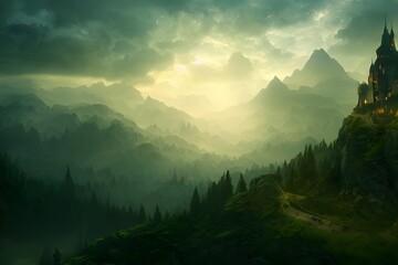 A foggy, mysterious, fantasy landscape with mountains and forests. 