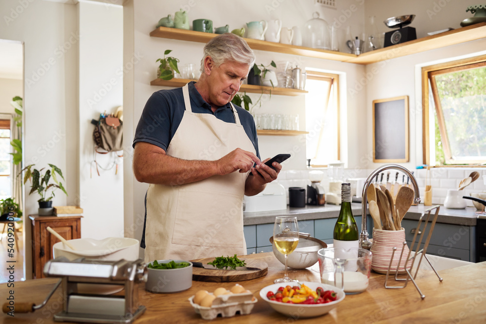 Poster Senior man, retirement and cooking in kitchen, smartphone and search internet for food recipe, technology and online connection. Healthy diet, chef skill development and research meal ideas.