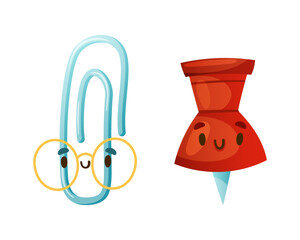 Funny Paper Clip and Pin as School Item with Smiling Face as Cartoon Education Supply Vector Set
