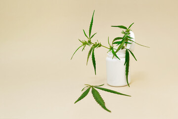 White medical plastic jar with cannabis branches and leaves