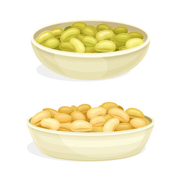 Soy Bean in Bowl as Edible Vegan Product Vector Set