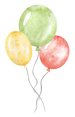 Watercolor arrangement with yellow, green and red balloons. Cute composition with festive colorful elements