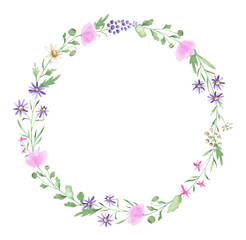 Fototapeta na wymiar Watercolor wreath with wildflowers. Delicate frame with poppies, daisies and other violet and pink summer herbs