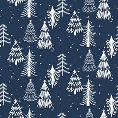 Seamless hand-drawn forest blue pattern in Scandinavian style. Kids vector winter background for design and decoration textile, covers, package, wrapping paper.