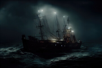 Fototapeta premium AI generated image of an ocean sailing ship in distress, struggling to stay afloat, in a heavy storm with big waves 