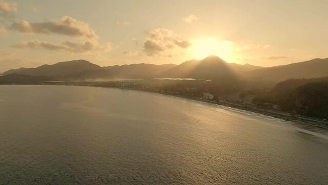 Beautiful Coastal View At Sunrise In Playa Miramar, Manzanillo, Colima, Mexico. - Drone Tilted-Up