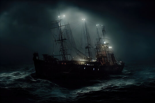 AI Generated Image Of An Ocean Sailing Ship In Distress, Struggling To Stay Afloat, In A Heavy Storm With Big Waves 