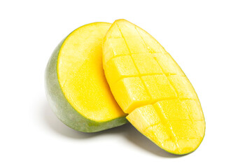 chopped half of ripe mango fruit isolated on white background