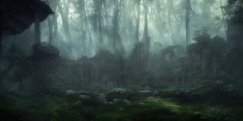 Abandoned ruins of an old civilization overgrown with forests