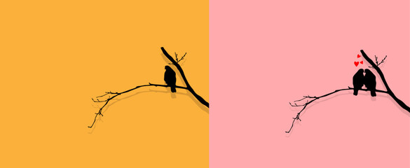 unhappy lonely bird standing alone on a tree branch happy couple bird in love standing on a branch comparison concept
