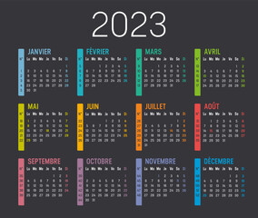 Calendrier Agenda 2023 couleur, avec numéros de semaine - obrazy, fototapety, plakaty