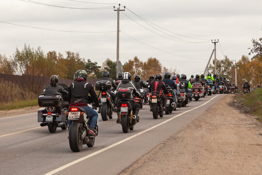 MOSCOW, RUSSIA, - OCTOBER 15, 2022: Russian bikers ride in a column on the road
