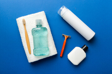 Mockup for bathing products top view flat lay, spa razor, toothpaste, soap, gel and other various accessories. Cosmetics for skin health. Bath Mockup for your logo