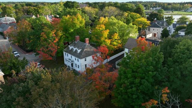 Town In USA During Autumn. Portsmouth New Hampshire. New England Colonial, Aerial View.