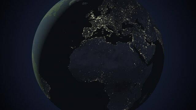 Seamless looping animation of the earth at night zooming in to the 3d map of Moldova with the capital and the biggest cites in 4K resolution