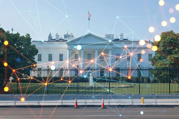 Fototapeta na wymiar The White House on sunny day, Washington DC, USA. Executive branch. President administration. Social media hologram. Concept of networking and establishing new people connections