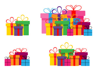 Set of colorful gift boxes with ribbons and bows.A pile of gift boxes. Presents in colorful wrapping with ribbons.Gift boxes stack in flat style.Cute present boxes on white background