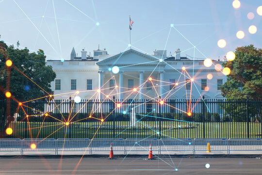 The White House On Sunny Day, Washington DC, USA. Executive Branch. President Administration. Social Media Hologram. Concept Of Networking And Establishing New People Connections