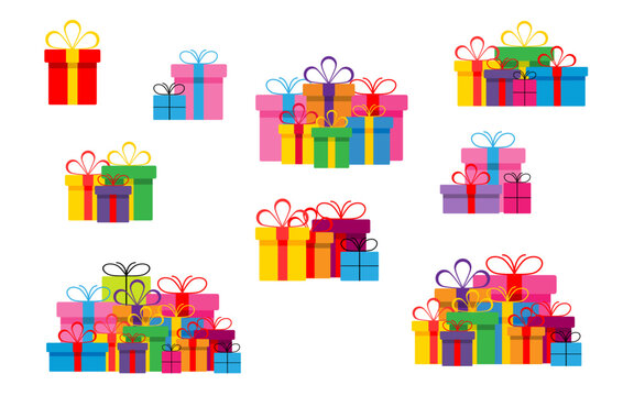 Set Of Colorful Gift Boxes With Ribbons And Bows.A Pile Of Gift Boxes. Presents In Colorful Wrapping With Ribbons.Gift Boxes Stack In Flat Style.Cute Present Boxes On White Background