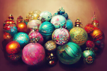 Christmas decoration Colorful baubles ornaments Vintage painting