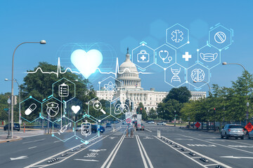 Capitol dome building exterior, Washington DC, USA. Home of Congress and Capitol Hill. American political system. Health care digital medicine hologram. The concept of treatment and disease prevention