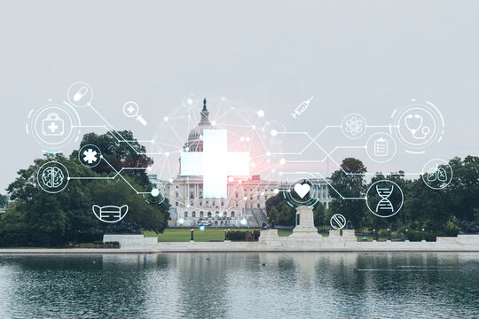 Capitol dome building exterior, Washington DC, USA. Home of Congress and Capitol Hill. American political system. Health care digital medicine hologram. The concept of treatment and disease prevention