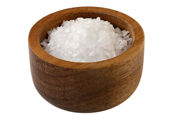 Sea salt flakes in a wood bowl isolated.