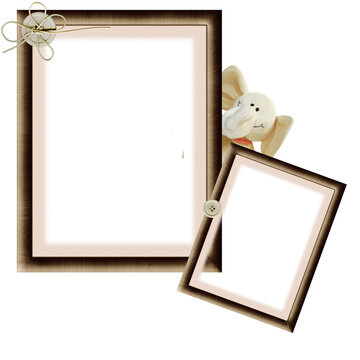 set of 2 neutral beige brownish photo frames for souvenir photos various graphics print image with cute plush elephant and teddy bear decorations for various occasions